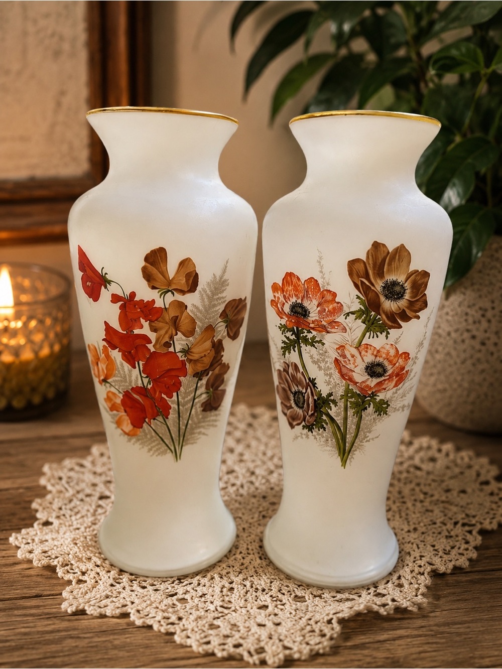 Vintage Bristol Glass Floral Vase Pair • Japan Hand-Applied Florals Cottagecore